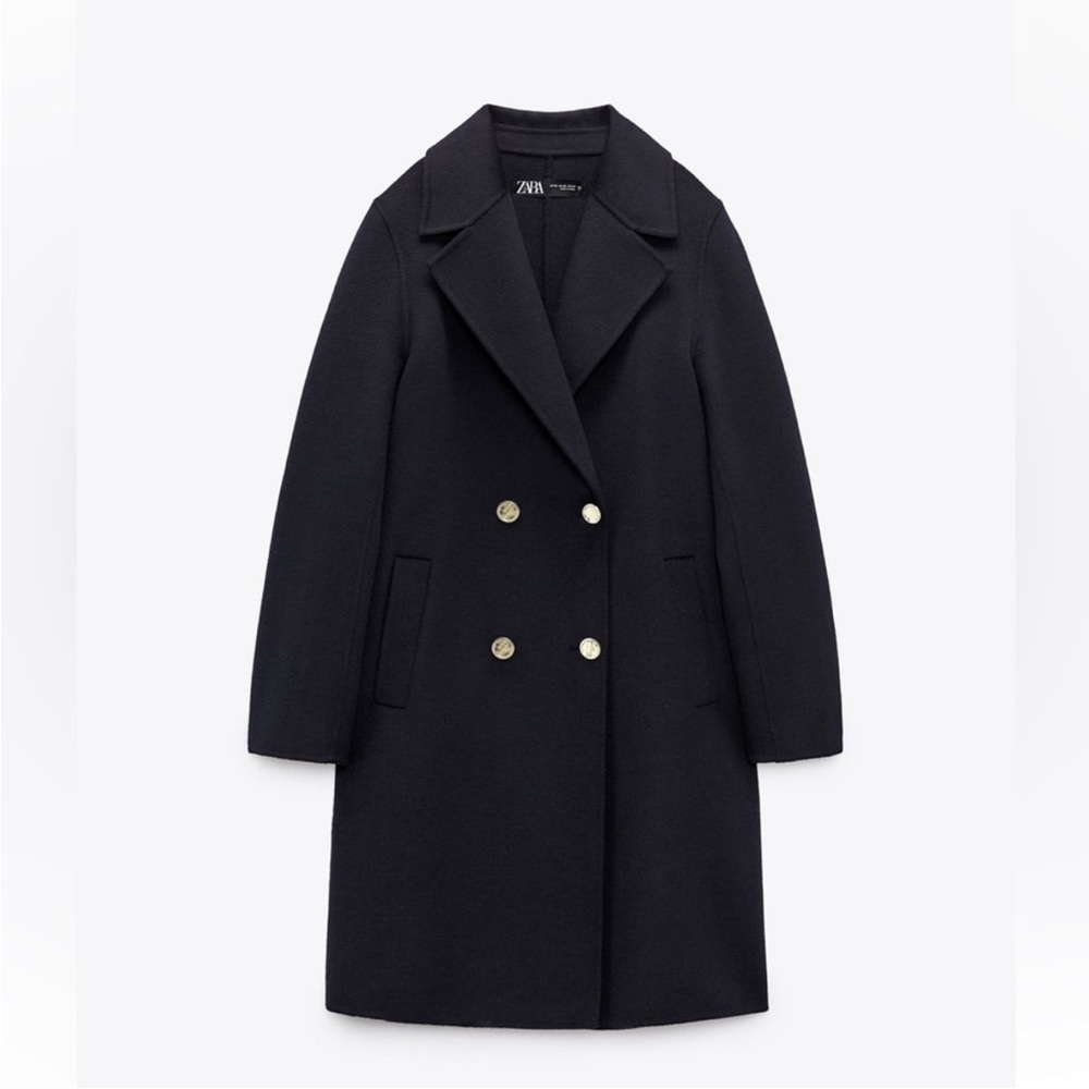 Nwot. Zara Navy Blue Wool Blend Double Breasted Coat With Golden Buttons Size Xs